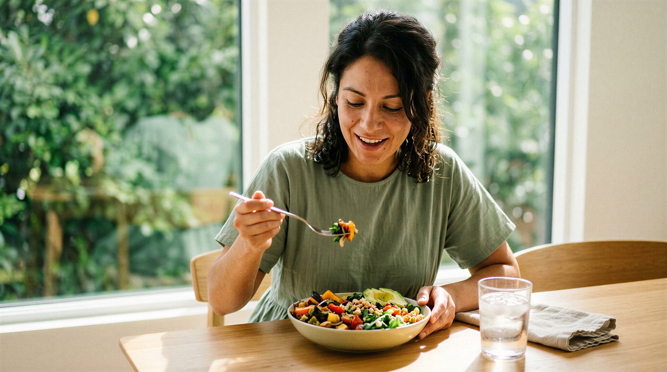 Woman enjoying a fresh salad at a sunny kitchen table